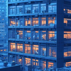 Chic Urban Business Scene with Luminous Offices and Towering Skyscrapers at Dusk
