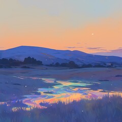 Ethereal Landscape Painting with Dreamy Colors and Rolling Hills at Sunrise