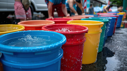 people waiting for water containers to be filled, water shortage, crisis, poverty