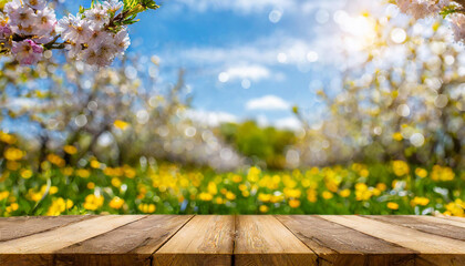 wooden platform, spring, spring landscape, flowers and clouds, colorful landscape, trees, bokeh