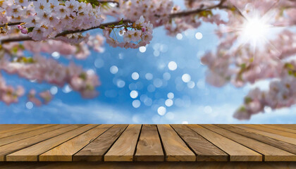 
wooden platform, spring, spring landscape, cherry blossoms, pink and blue
