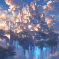 Immersive Digital Art of a Majestic Gilded Fortress Amidst Clouds - obrazy, fototapety, plakaty