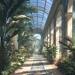 Grand Atrium of a Luxurious Conservatory Under the Sunlight - obrazy, fototapety, plakaty