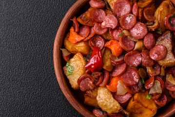 Grilled potatoes cut into slices with hunting sausages with garlic, onion