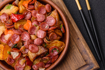 Grilled potatoes cut into slices with hunting sausages with garlic, onion