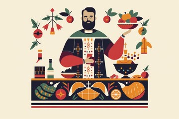 A serene depiction of a priest with festive offerings, this image reflects the rich traditions of the Eastern Orthodox Church.