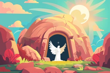 A vibrant depiction of the empty tomb at sunrise, with an angel present, symbolizing hope and resurrection.