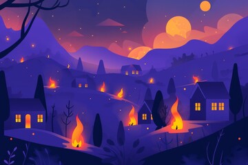 A dramatic, stylized illustration of a village on fire, possibly for use in emergency awareness or disaster-related contexts.