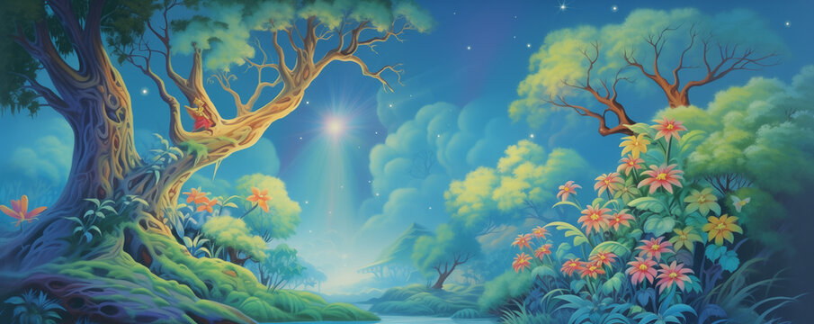 A painting of a forest with a tree and a star in the sky