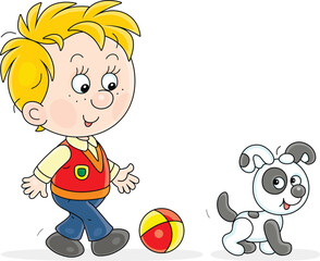 Happy little boy merrily walking and playing a ball with his spotted small puppy, vector illustration on a white background