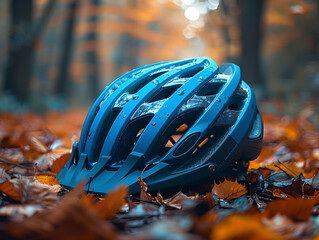 Blue bicycle helmet on forest floor covered with autumn leaves. Cycling safety and autumn season concept. Design for outdoor sports banner, equipment poster. Close-up with bokeh