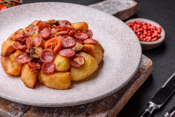 Grilled potatoes cut into slices with hunting sausages with garlic, onion