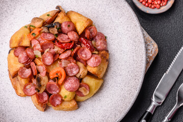 Grilled potatoes cut into slices with hunting sausages with garlic, onion