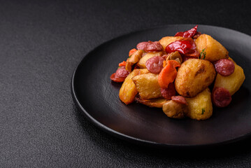 Grilled potatoes cut into slices with hunting sausages with garlic, onion