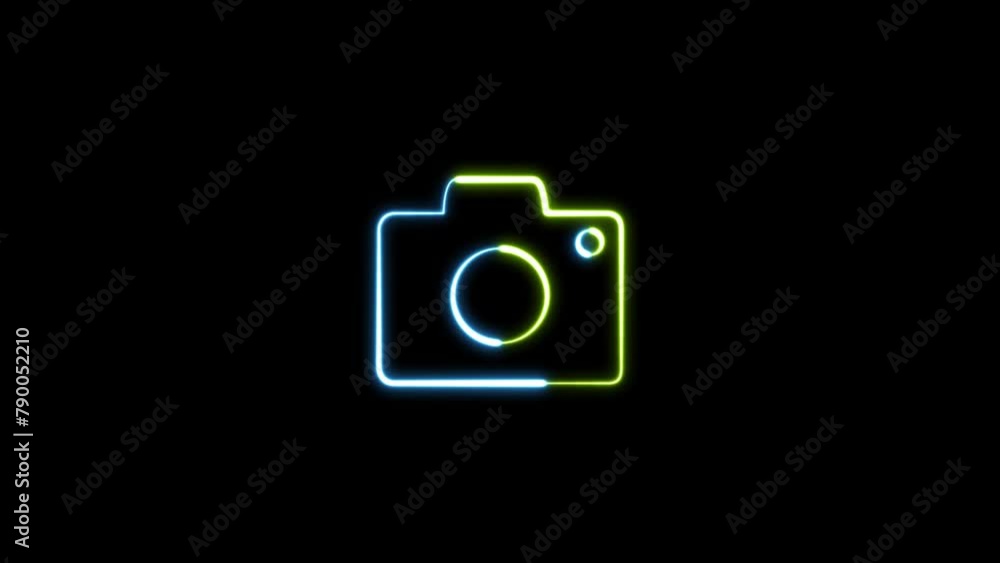 Poster abstract rendering glowing neon symbol of photo camera animation. neon camera icon multicolor glowin