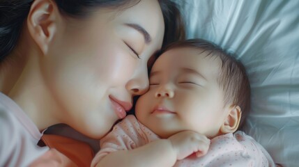 Close up portrait of beautiful mother kissing healthy newborn baby sleeping in bed .AI generated image - obrazy, fototapety, plakaty