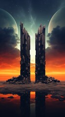 Fantasy Twin Towers with Sunset and Planetary Backdrop
 - obrazy, fototapety, plakaty