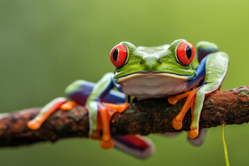Green Frog with Red Eyes in Natural Habitat