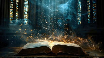 An open magic book with European patterns, healing style, fantasy, nothing in the background, dark...