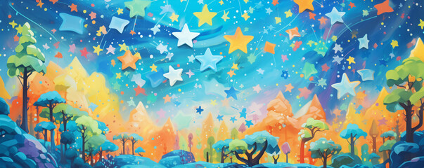 A painting of a forest with a sky full of stars