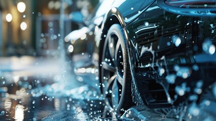 The Art of the Wash: A mesmerizing close-up of water spray and soap suds cleaning a car.. - obrazy, fototapety, plakaty