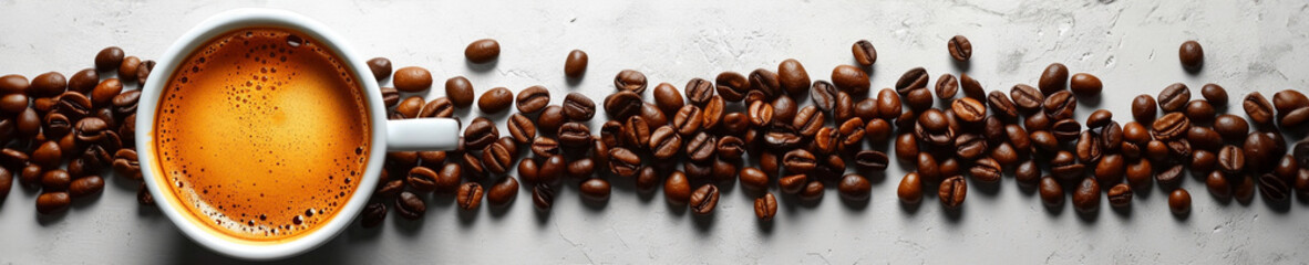 cup of coffee and coffee beans on white background.