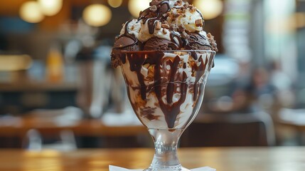 A closeup shot of a delicious ice cream sundae prepared with chocolate and vanilla ice cream