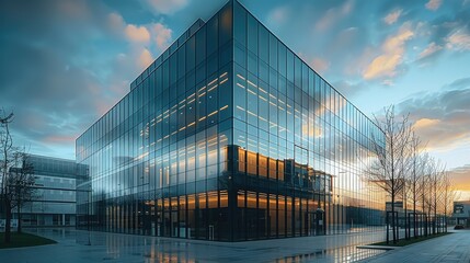 Five story building with glass facade sky reflection. Generative AI. - obrazy, fototapety, plakaty