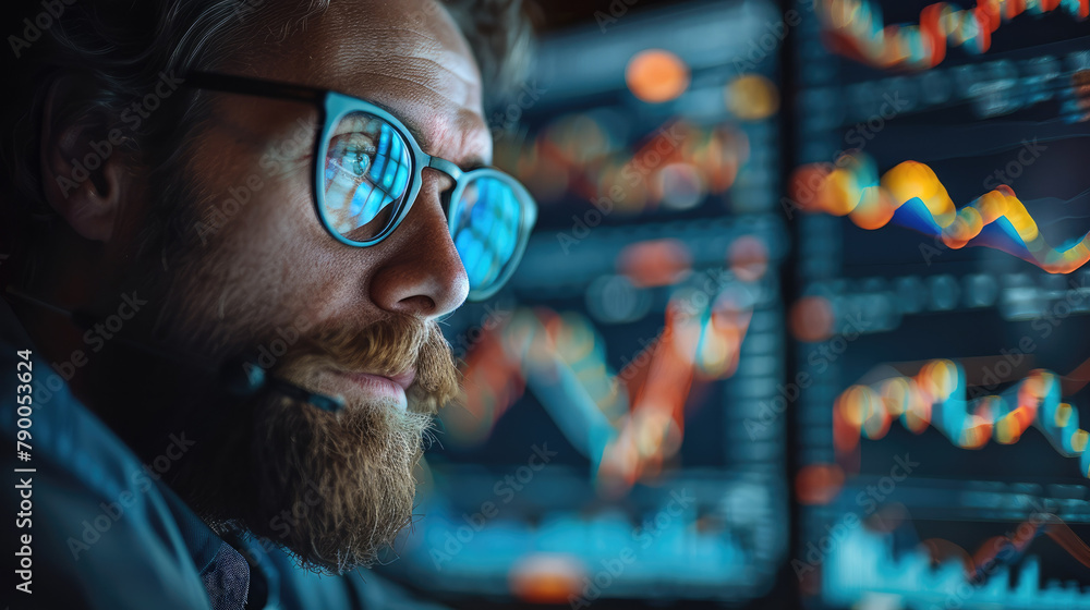 Poster crypto trader analyzing stock market indicators for best investment strategy, financial data and cha
