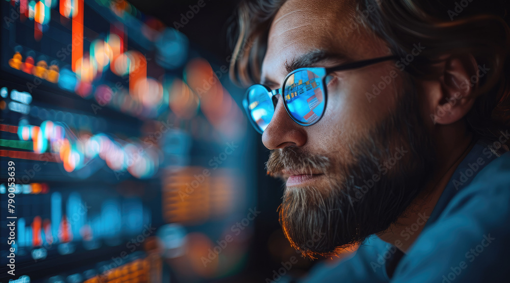 Poster Crypto trader analyzing stock market indicators for best investment strategy, financial data and charts. Generative AI.