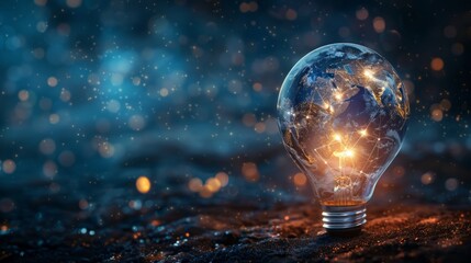 Earth hour background. Blue planet earth in space in a glowing light bulb. copy space