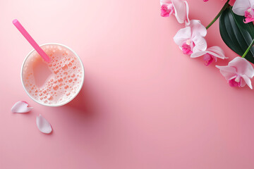 Pink smoothie background with flowers