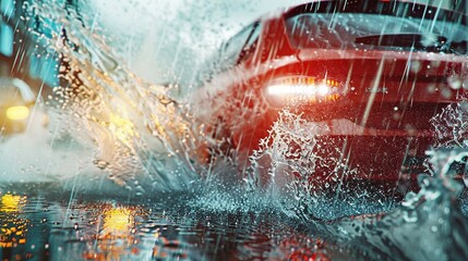 Water Ballet with Light: A car wash close-up showcases water droplets performing a ballet with light.. - obrazy, fototapety, plakaty