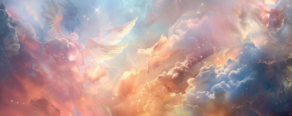 Angelic Birds Soaring Through a Celestial Dreamscape
 - obrazy, fototapety, plakaty