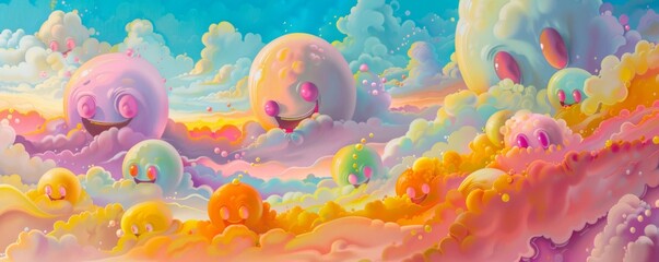 Fototapeta na wymiar Surreal Candy-Colored Cloud Creatures in Sky 