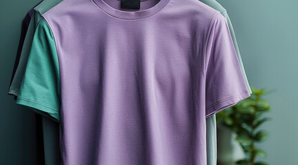 Minimalist premium casual t-shirts collection concept, pastel purple and green and grey colors. Generative AI.