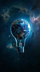 Earth hour background. Blue planet earth in space in a glowing light bulb