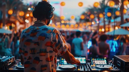 Male dj playing dj at a vibrant music festival, dj tablet, exciting, people dancing. Generative AI.