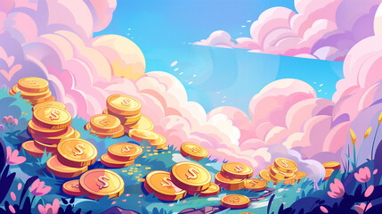 Coin Cascade in Dreamy Landscape: Financial Prosperity Illustration