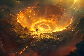 A Glowing Powerful Figure at the Center of a Massive Fiery Crater Surrounded by Swirling Cataclysmic Energies - obrazy, fototapety, plakaty