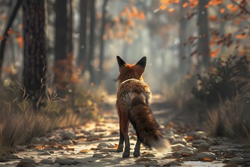 Mysterious Fox Exploring Autumnal Forest Landscape in Concept Art Style