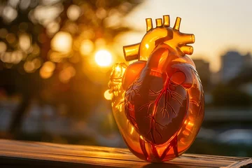 Fotobehang Glowing Anatomical Heart in Transparent Chest at Golden Hour © milkyway
