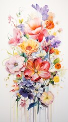 Abstract, symmetrical floral arrangement, with each side of the canvas showing contrasting interpretations of the same flowers