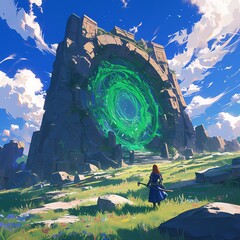 Exploring the Mysteries of an Ancient Monolithic Stone Circle with a Green Portal - obrazy, fototapety, plakaty