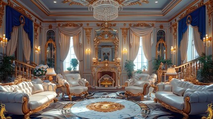 Luxurious penthouse suite style with elegant furniture golden mirrors ornate decor. Generative AI. - obrazy, fototapety, plakaty