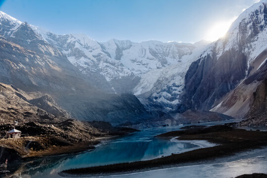 Snow capped mountains in himalaya landscape with rocks. Kailash mountain peak in Tibet.