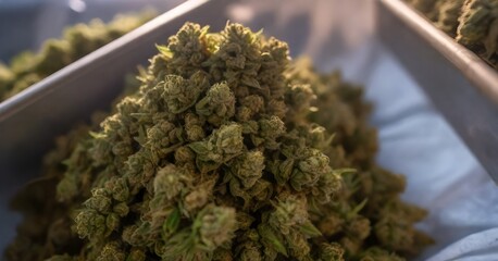 A close-up view of a pile of freshly harvested cannabis buds, with their vibrant green leaves and visible trichomes. The background is slightly blurred, suggesting this is likely a professional or com - obrazy, fototapety, plakaty