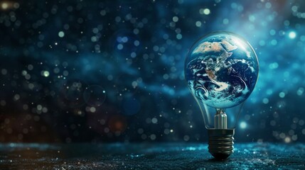 Earth hour, ecology and environment concept. Blue planet Earth in space in a glowing light bulb on represents Earth Day. copy space