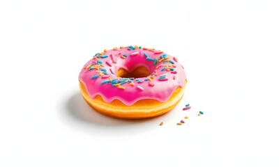 A pink frosted donut with sprinkles on a white background