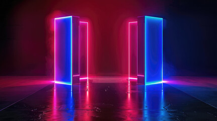 Minimalist stage design with three large vertical light boxes in red, blue and purple, illuminated by neon lights against a black background. The boxes different heights. Generative AI.